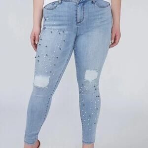 Lane Bryant Mid-Rise Super Stretch Skinny Embellished Distressed Jeans 20W